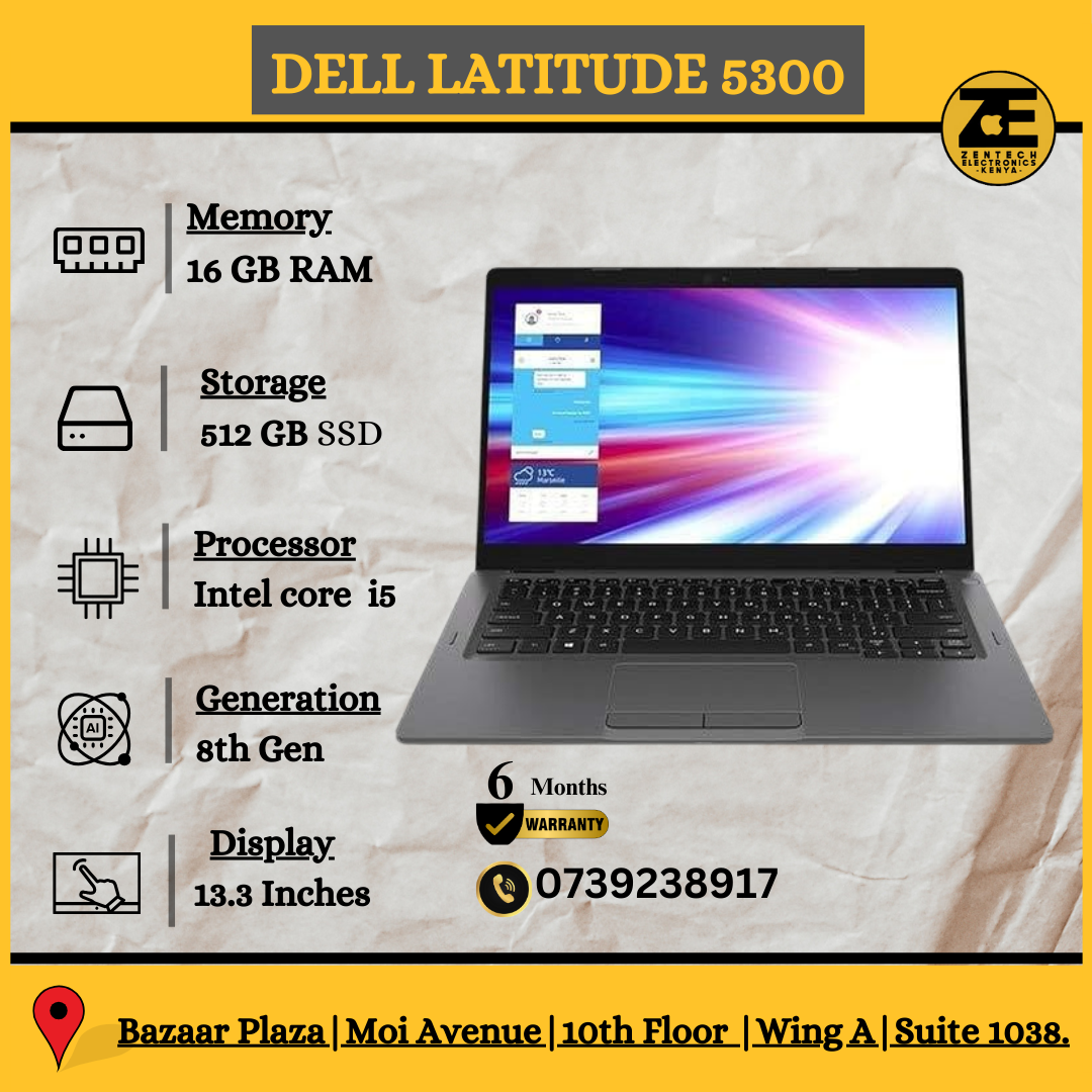 Dell Latitude 5300 laptop with Intel Core i5 processor, 16GB RAM, and 512GB SSD displayed on a table with specifications listed alongside.